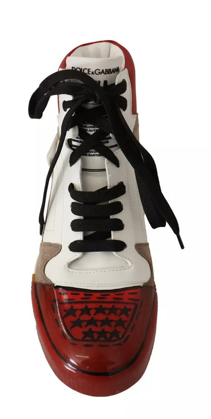 Dolce & Gabbana Red White Beige Leather High Tops Sneakers Shoes by Dolce & Gabbana