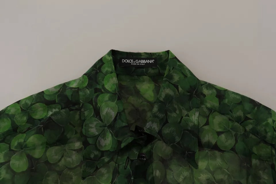 Dolce & Gabbana Green Clover Print Long Sleeves Collared Top Blouse by Dolce & Gabbana