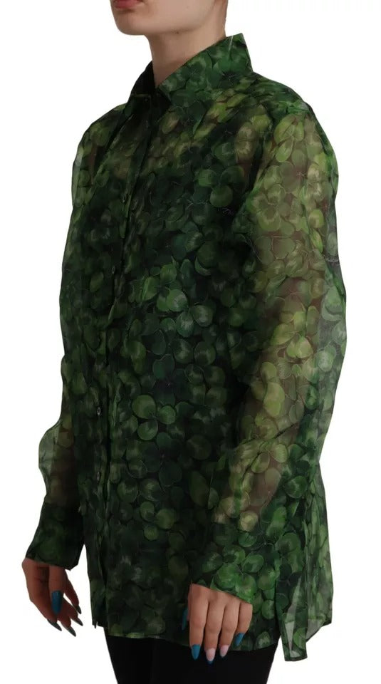 Dolce & Gabbana Green Clover Print Long Sleeves Collared Top Blouse by Dolce & Gabbana