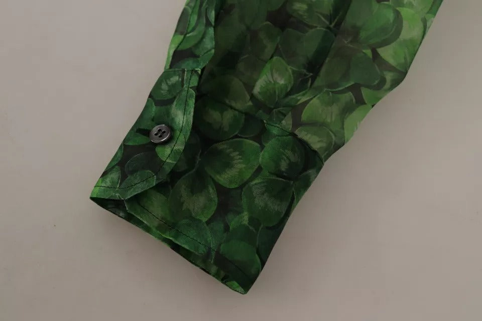 Dolce & Gabbana Green Clover Print Long Sleeves Collared Top Blouse by Dolce & Gabbana
