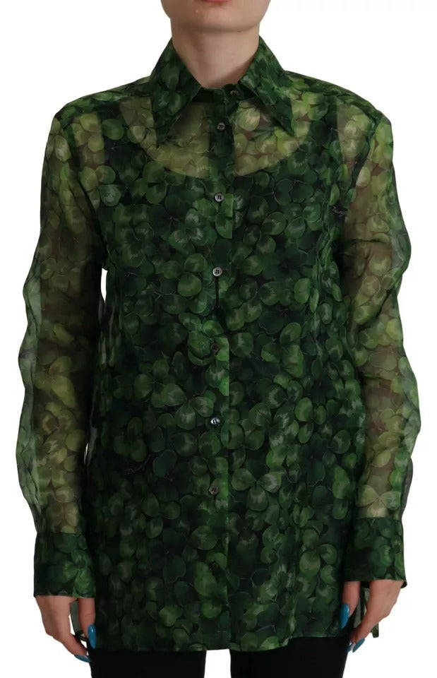 Dolce & Gabbana Green Clover Print Long Sleeves Collared Top Blouse by Dolce & Gabbana