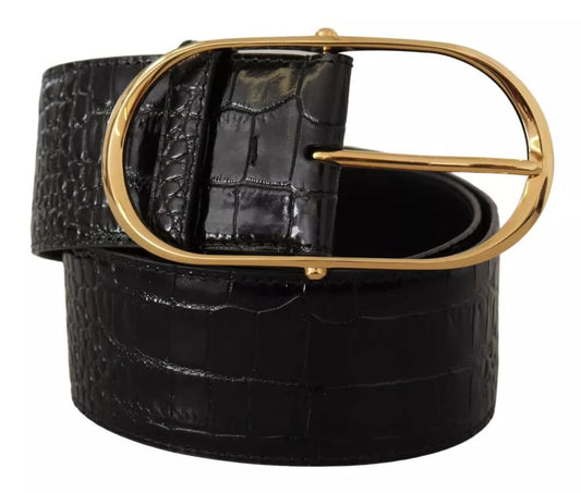 Dolce &amp; Gabbana Black Wide Embossed Leather Gold Metal Buckle Belt