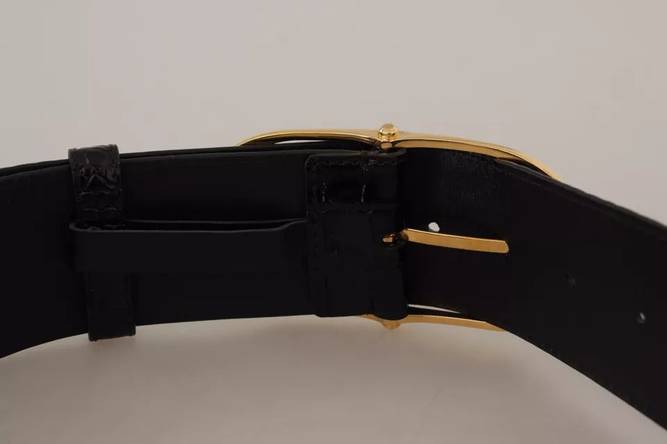 Dolce &amp; Gabbana Black Wide Embossed Leather Gold Metal Buckle Belt