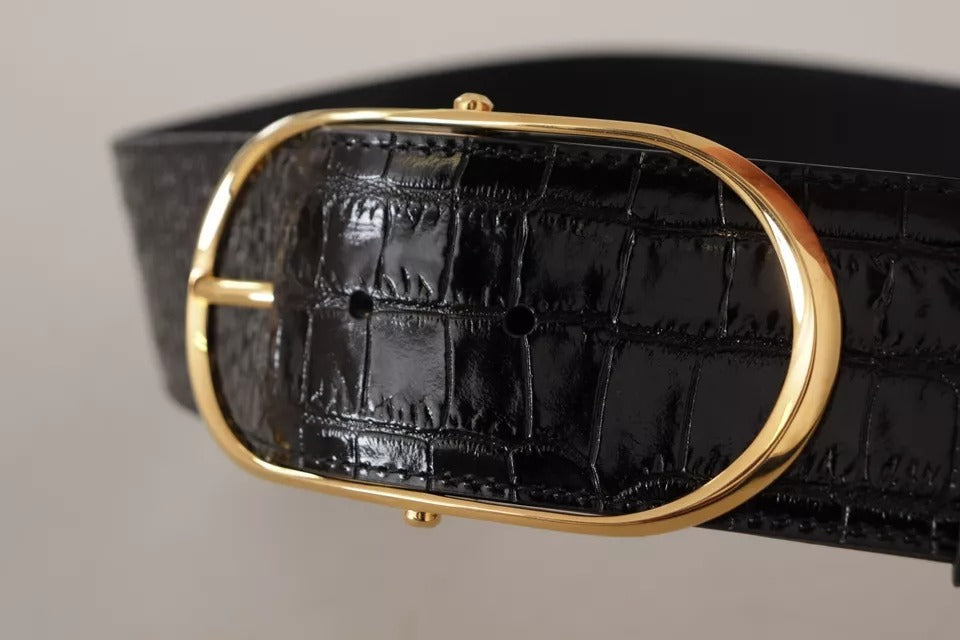 Dolce &amp; Gabbana Black Wide Embossed Leather Gold Metal Buckle Belt