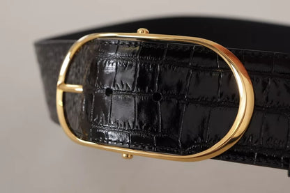 Dolce &amp; Gabbana Black Wide Embossed Leather Gold Metal Buckle Belt