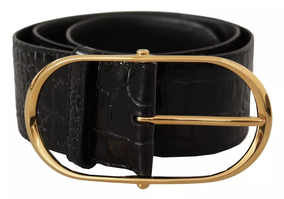 Dolce &amp; Gabbana Black Wide Embossed Leather Gold Metal Buckle Belt