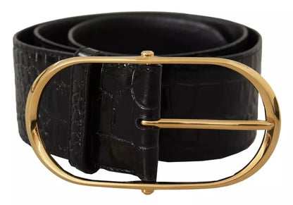 Dolce &amp; Gabbana Black Wide Embossed Leather Gold Metal Buckle Belt