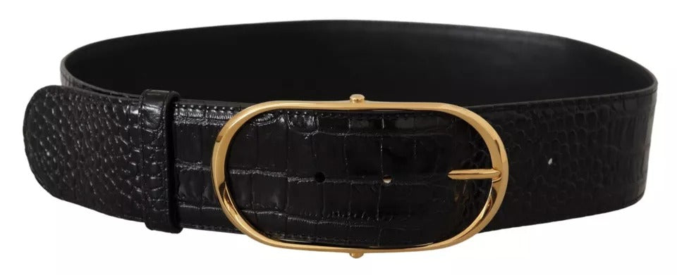 Dolce &amp; Gabbana Black Wide Embossed Leather Gold Metal Buckle Belt