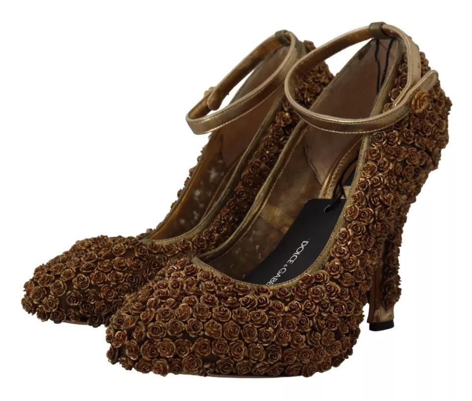 Dolce & Gabbana Gold Roses Embellished Heels Pumps Shoes by Dolce & Gabbana