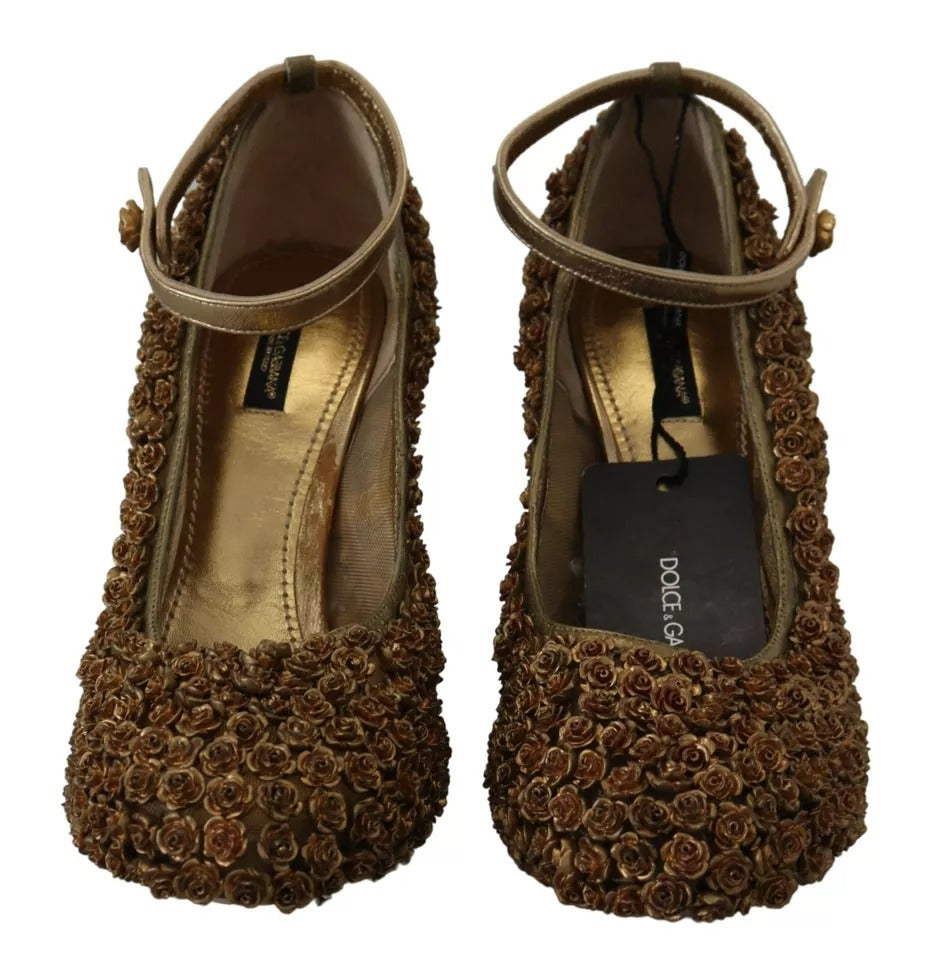Dolce & Gabbana Gold Roses Embellished Heels Pumps Shoes by Dolce & Gabbana