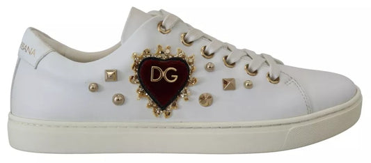 Dolce & Gabbana White Leather Gold Red Heart Sneakers Shoes by Dolce & Gabbana