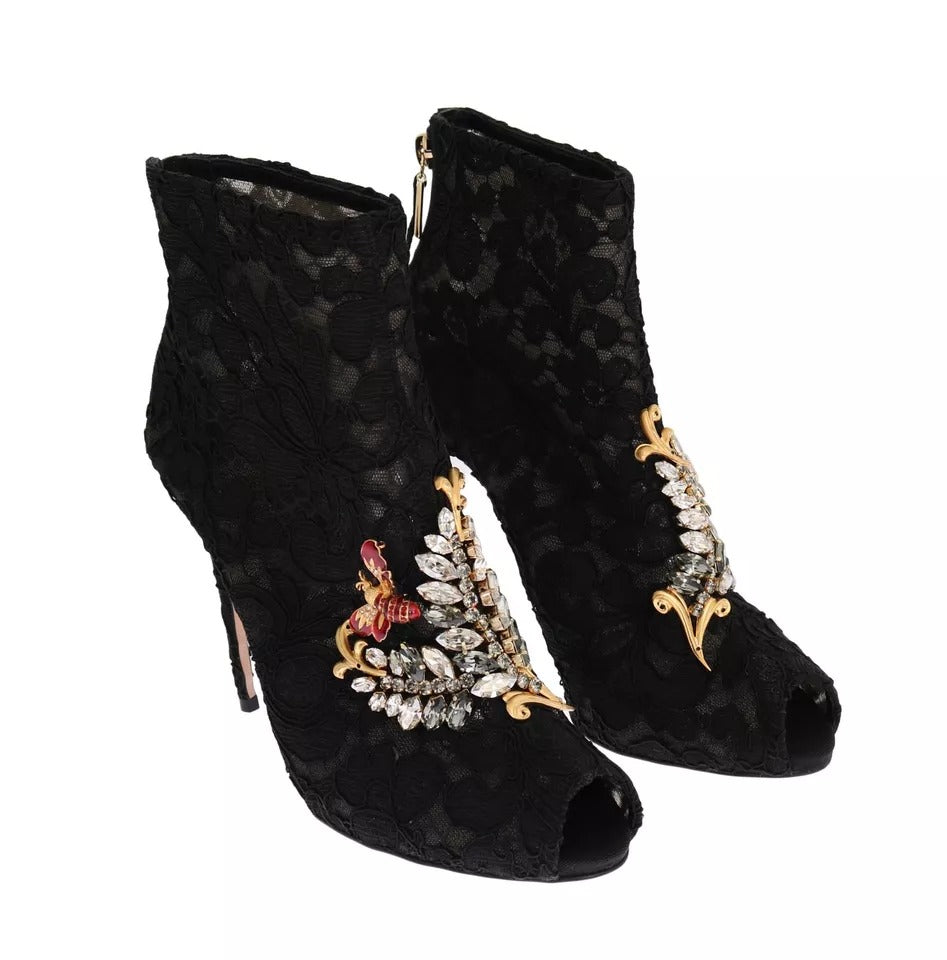Dolce & Gabbana Black Crystal Lace Booties Stilettos Shoes by Dolce & Gabbana
