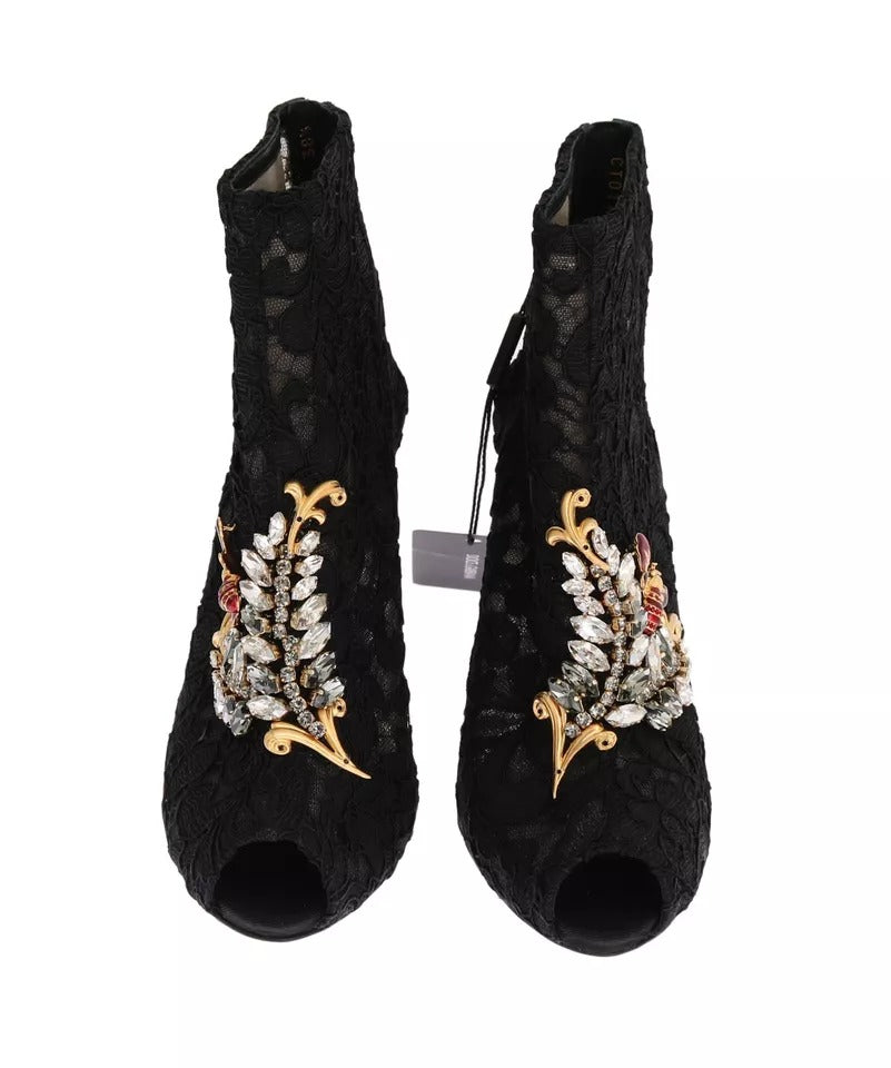 Dolce & Gabbana Black Crystal Lace Booties Stilettos Shoes by Dolce & Gabbana
