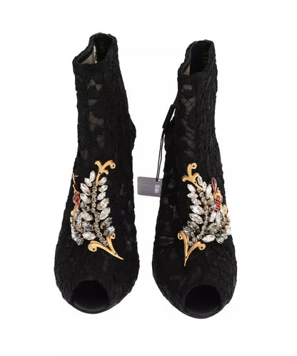 Dolce & Gabbana Black Crystal Lace Booties Stilettos Shoes by Dolce & Gabbana