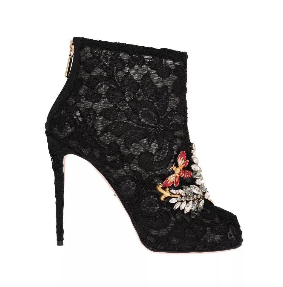 Dolce & Gabbana Black Crystal Lace Booties Stilettos Shoes by Dolce & Gabbana