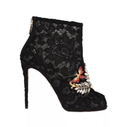 Dolce & Gabbana Black Crystal Lace Booties Stilettos Shoes by Dolce & Gabbana