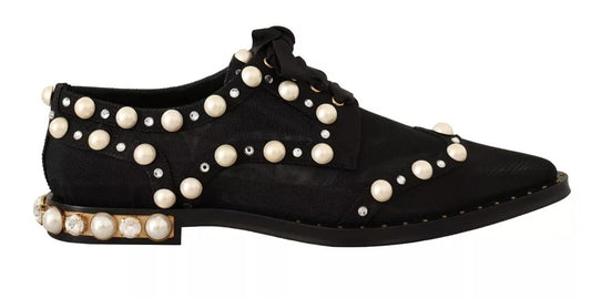 Dolce &amp; Gabbana Black Lace Up Jeweled Formal Flats Shoes