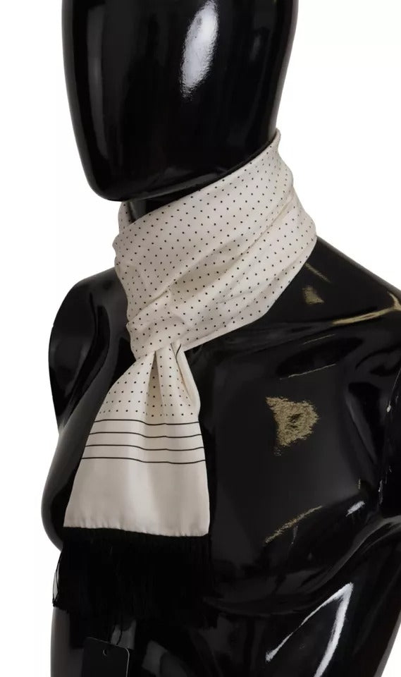 Dolce & Gabbana White Polka Dots Pattern Silk Fringes Wrap Scarf by Dolce & Gabbana