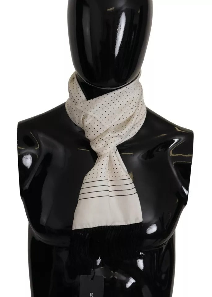 Dolce & Gabbana White Polka Dots Pattern Silk Fringes Wrap Scarf by Dolce & Gabbana