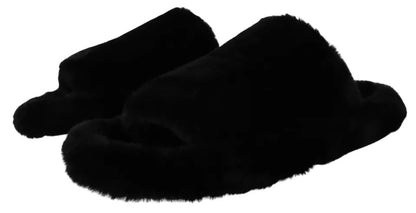 Sandales plates en fausse fourrure de polyester noir Dolce &amp; Gabbana pour homme