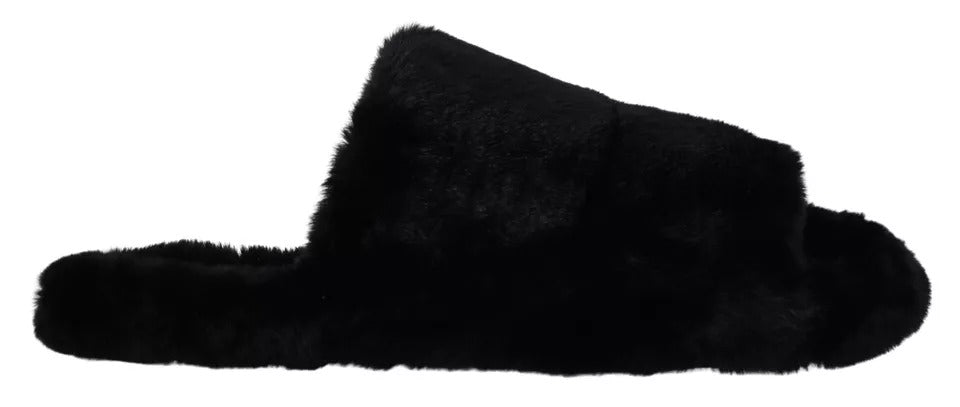 Sandales plates en fausse fourrure de polyester noir Dolce &amp; Gabbana pour homme