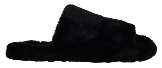 Sandales plates en fausse fourrure de polyester noir Dolce &amp; Gabbana pour homme