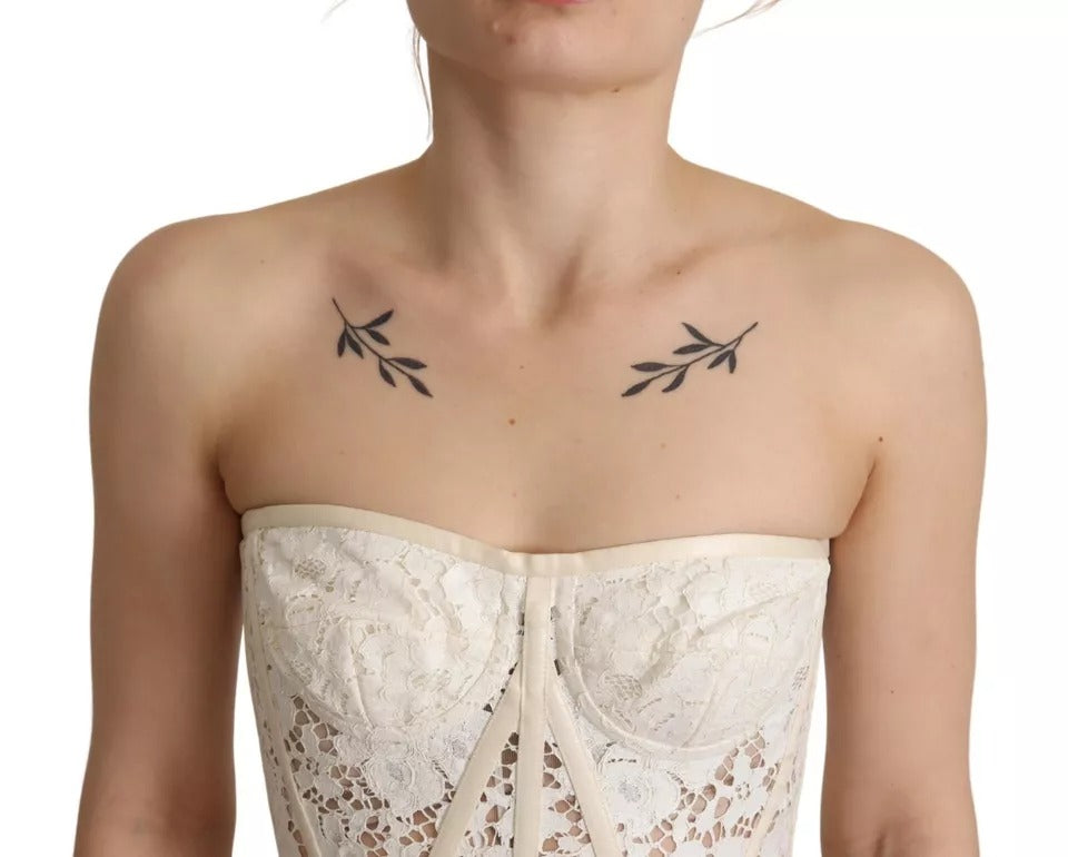 Dolce & Gabbana White Strapless Floral Lace Cropped Bustier Top by Dolce & Gabbana