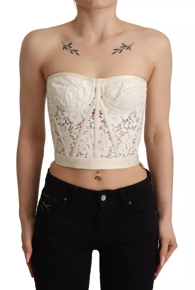 Dolce & Gabbana White Strapless Floral Lace Cropped Bustier Top by Dolce & Gabbana