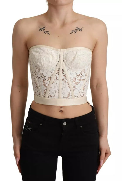 Dolce & Gabbana White Strapless Floral Lace Cropped Bustier Top by Dolce & Gabbana