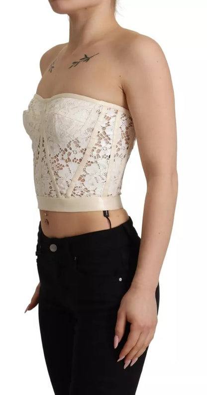 Dolce & Gabbana White Strapless Floral Lace Cropped Bustier Top by Dolce & Gabbana