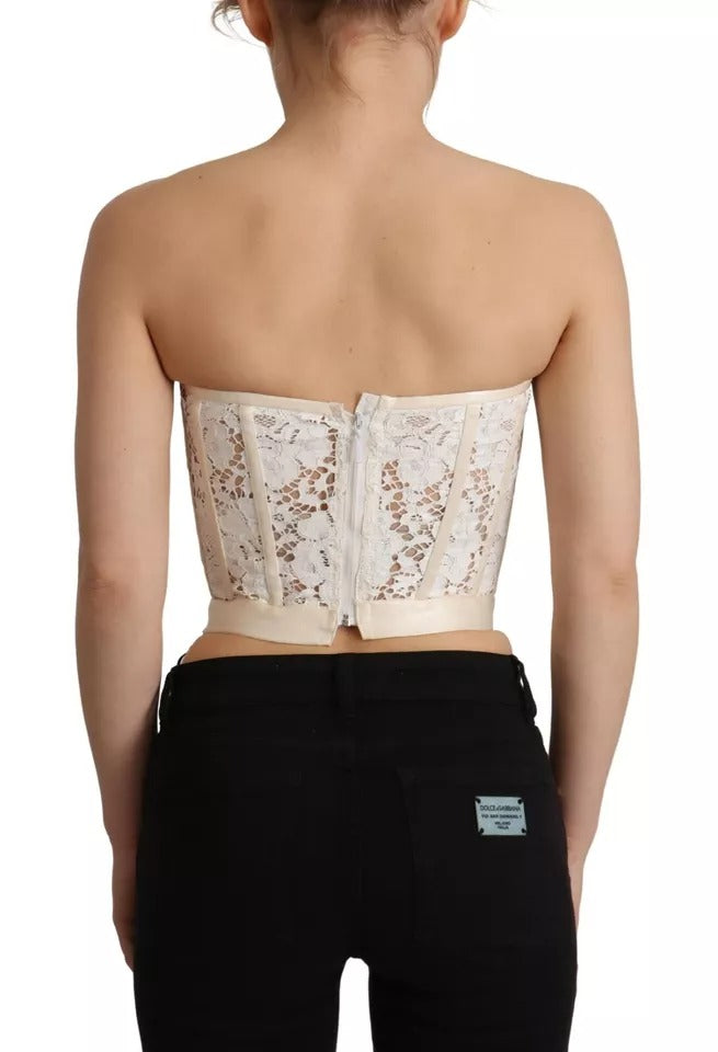 Dolce & Gabbana White Strapless Floral Lace Cropped Bustier Top by Dolce & Gabbana