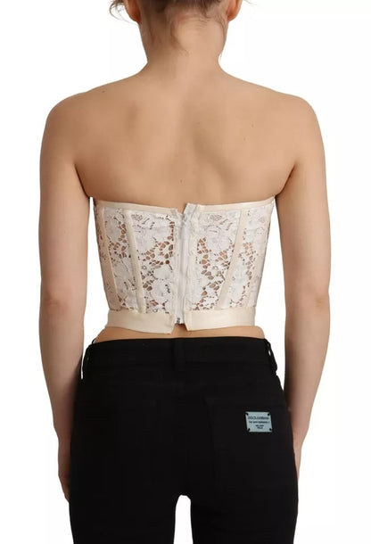 Dolce & Gabbana White Strapless Floral Lace Cropped Bustier Top by Dolce & Gabbana