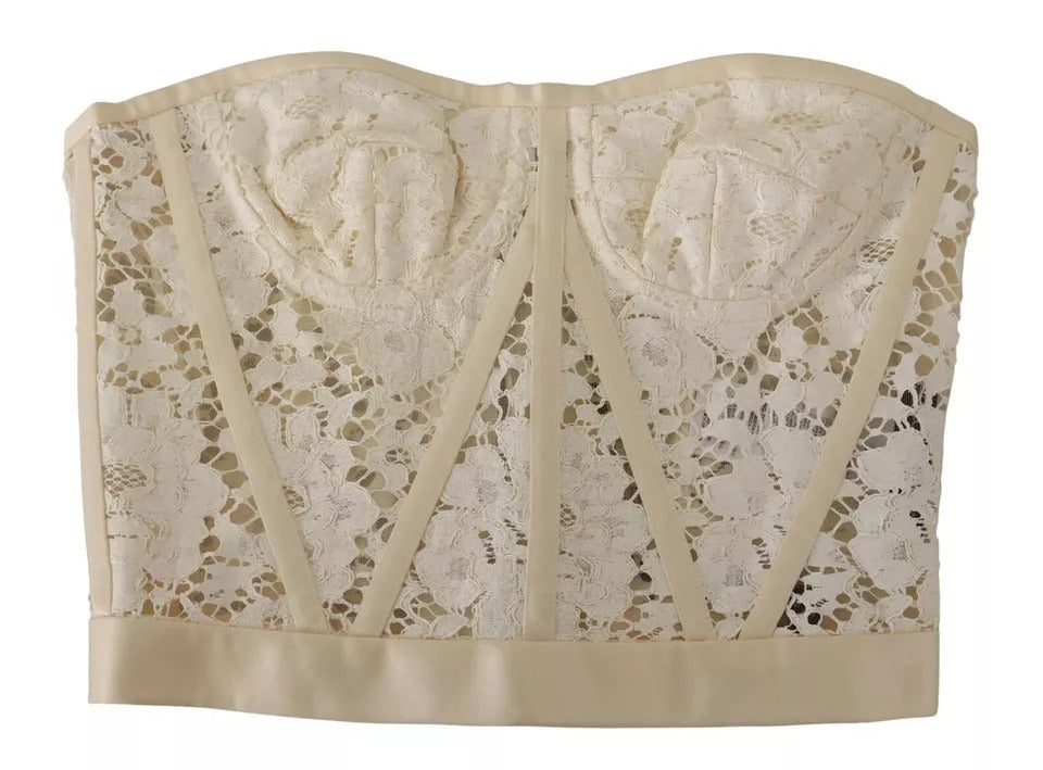 Dolce & Gabbana White Strapless Floral Lace Cropped Bustier Top by Dolce & Gabbana