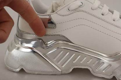 Dolce & Gabbana White Silver Leather Daymaster Sneakers Shoes by Dolce & Gabbana