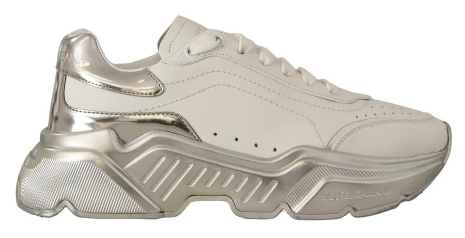 Dolce & Gabbana White Silver Leather Daymaster Sneakers Shoes by Dolce & Gabbana