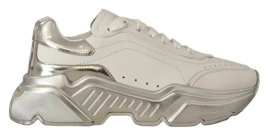 Dolce & Gabbana White Silver Leather Daymaster Sneakers Shoes by Dolce & Gabbana
