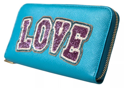 Portefeuille Dolce &amp; Gabbana bleu clair LOVE en cuir avec fermeture éclair sur le pourtour continental