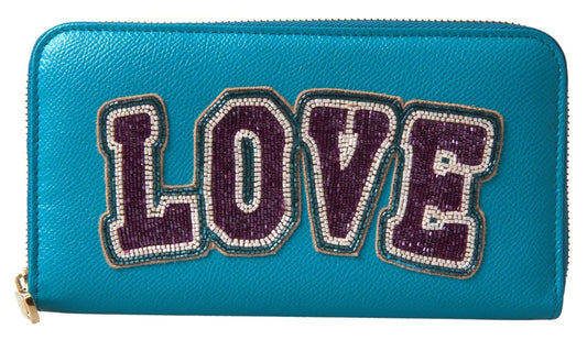 Portefeuille Dolce &amp; Gabbana bleu clair LOVE en cuir avec fermeture éclair sur le pourtour continental
