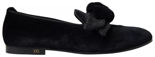 Dolce &amp; Gabbana Black Velvet Flats Bow Young Queen Shoes