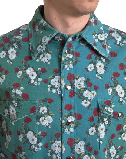 Dolce & Gabbana Blue Floral Cotton Button Down Denim Shirt by Dolce & Gabbana