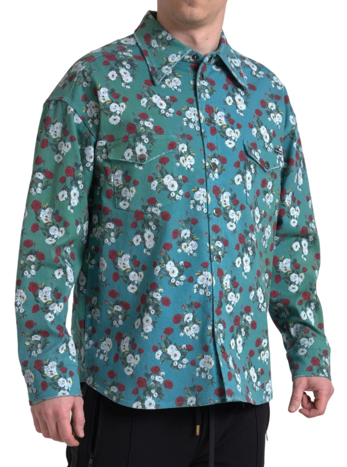 Dolce & Gabbana Blue Floral Cotton Button Down Denim Shirt by Dolce & Gabbana