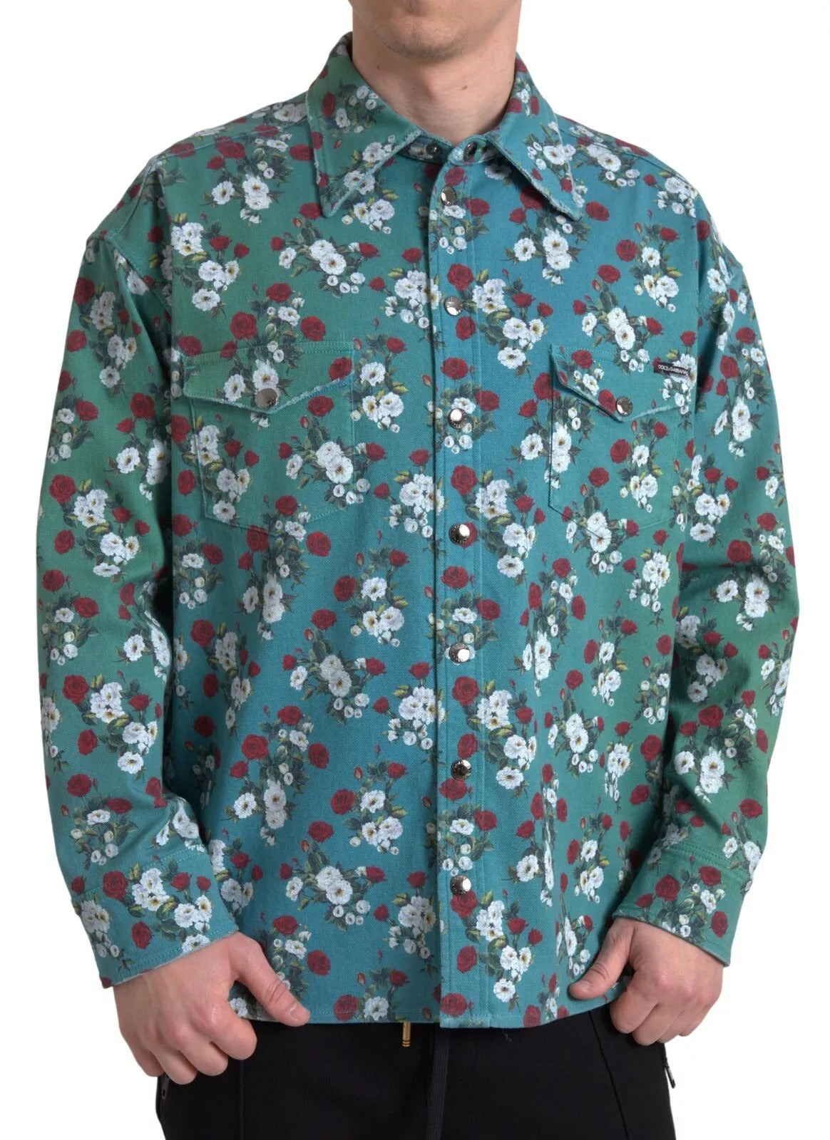 Dolce & Gabbana Blue Floral Cotton Button Down Denim Shirt by Dolce & Gabbana