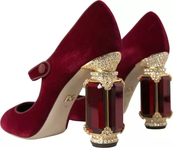 Dolce & Gabbana Red Velvet Gold Crystals Heels Mary Janes Shoes by Dolce & Gabbana