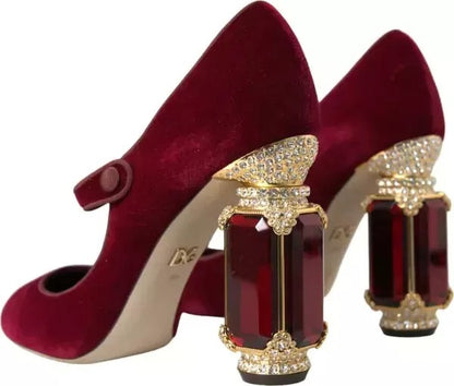 Dolce & Gabbana Red Velvet Gold Crystals Heels Mary Janes Shoes by Dolce & Gabbana
