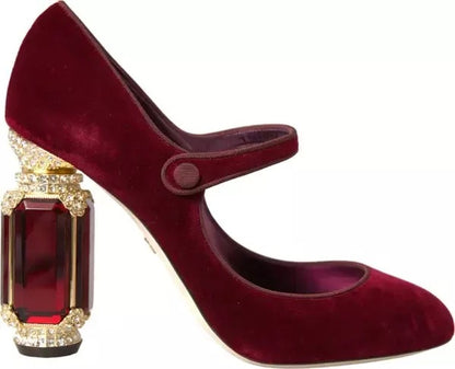 Dolce & Gabbana Red Velvet Gold Crystals Heels Mary Janes Shoes by Dolce & Gabbana
