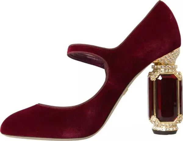 Dolce & Gabbana Red Velvet Gold Crystals Heels Mary Janes Shoes by Dolce & Gabbana