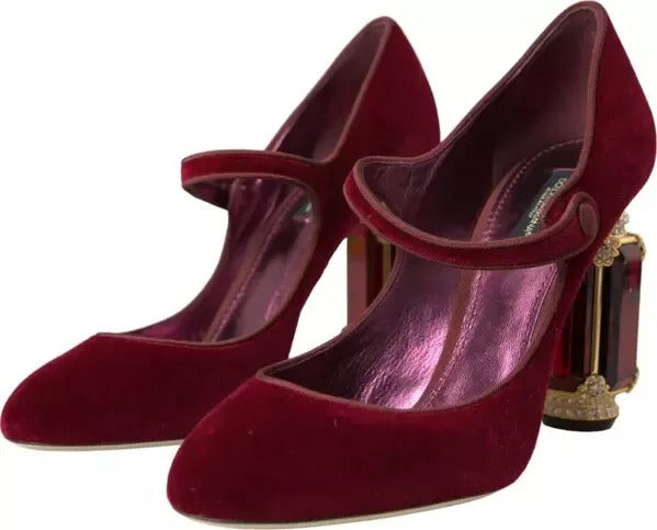 Dolce & Gabbana Red Velvet Gold Crystals Heels Mary Janes Shoes by Dolce & Gabbana