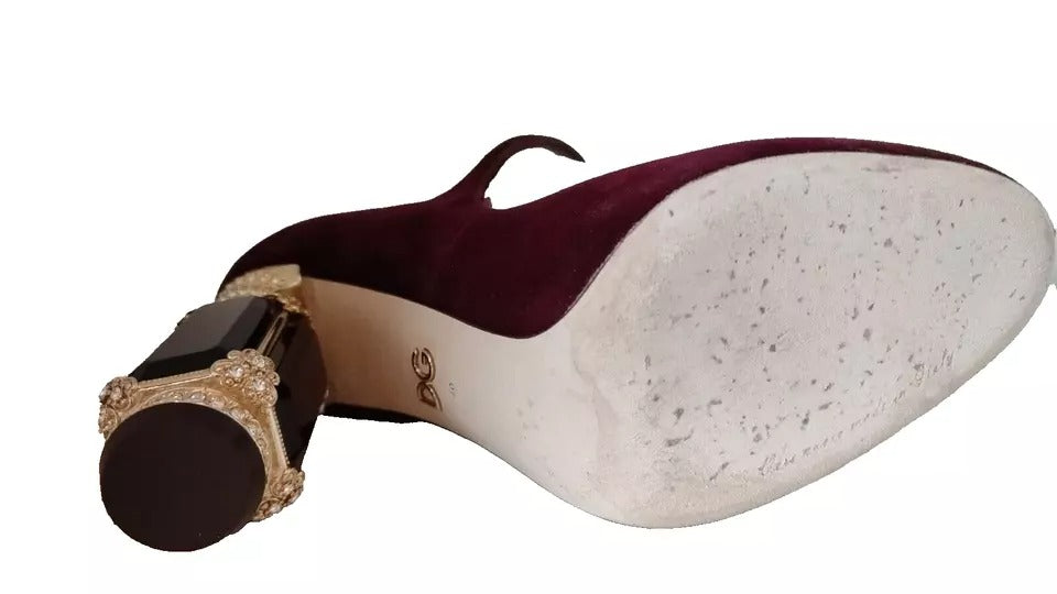 Dolce & Gabbana Red Velvet Gold Crystals Heels Mary Janes Shoes by Dolce & Gabbana