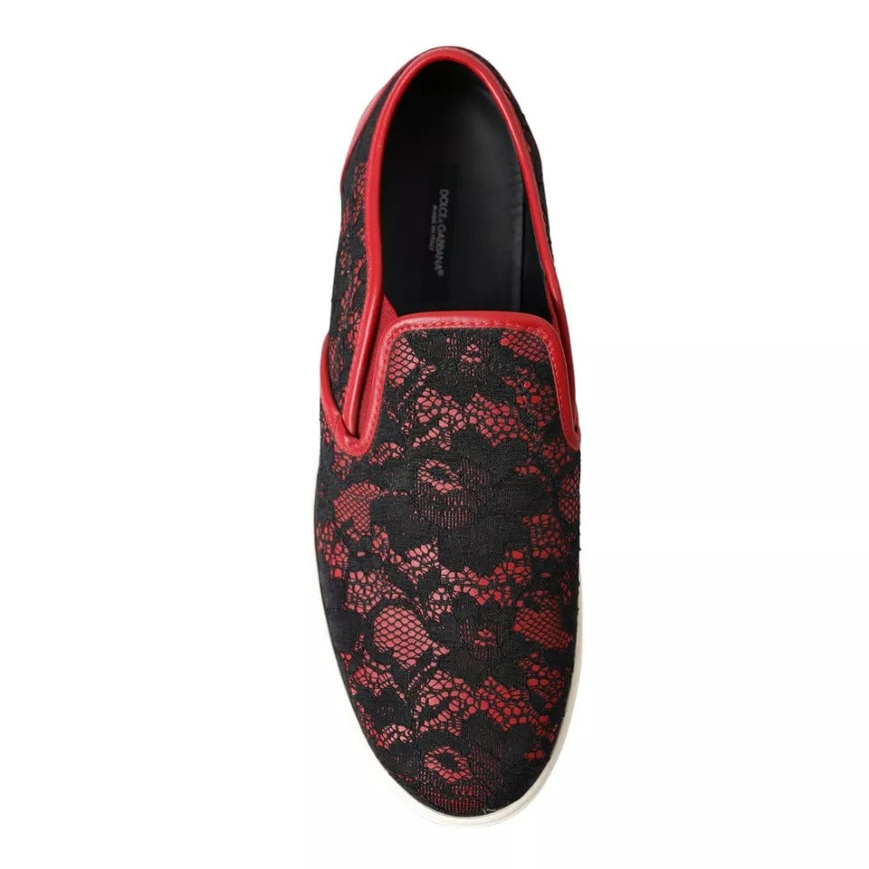 Dolce &amp; Gabbana Black Red Lace Slip On Low Top Sneakers Shoes