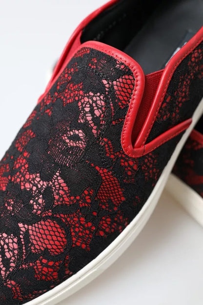 Dolce &amp; Gabbana Black Red Lace Slip On Low Top Sneakers Shoes